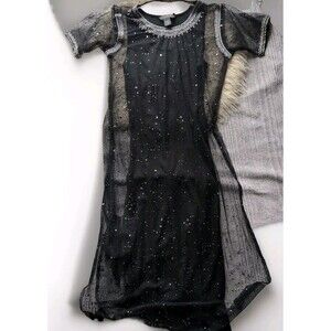 Vintage Banana Republic Black Sheer Sari Style Beaded Dress XS Short Sleeve